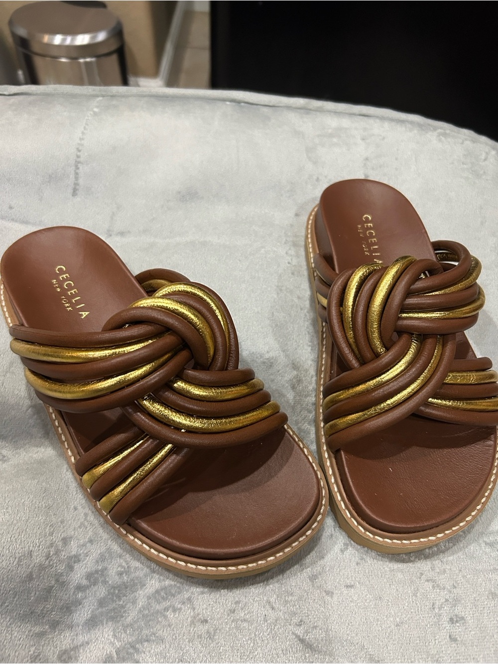 CECILIA NEW YORK Brown and Gold Knotted Slide Sandals